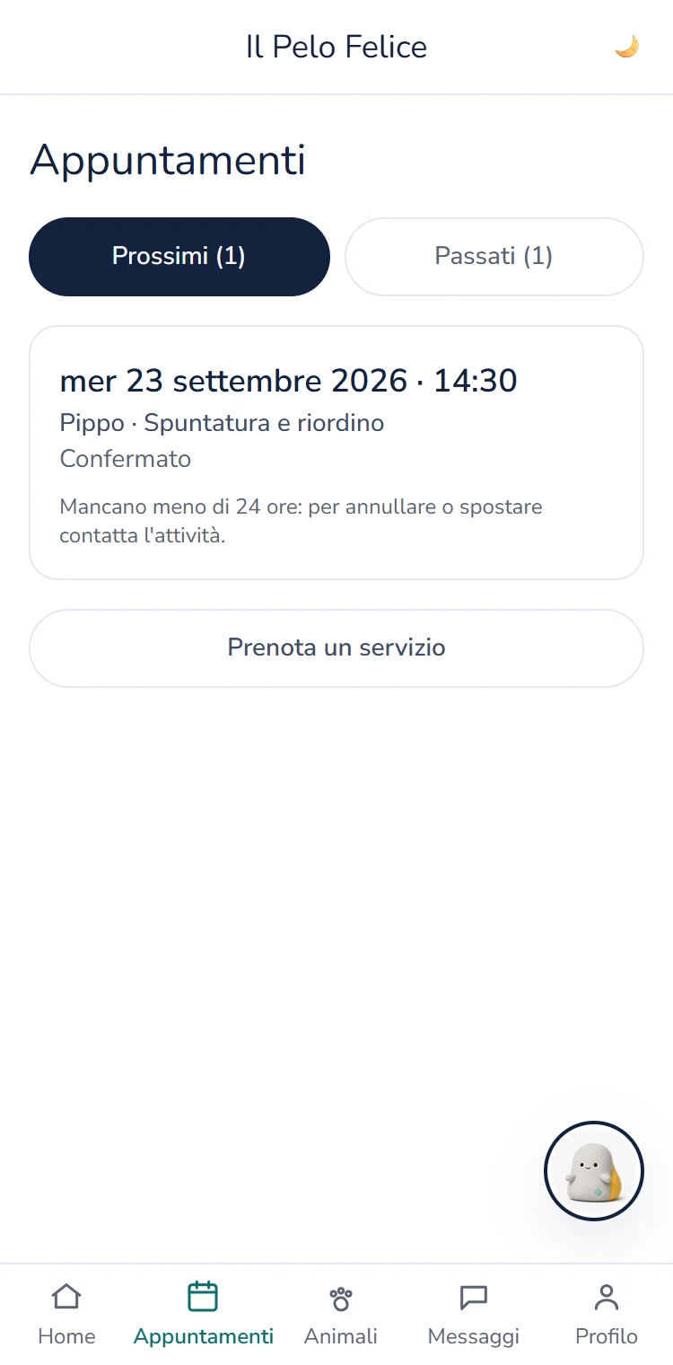 App clienti: elenco degli appuntamenti con sposta e annulla